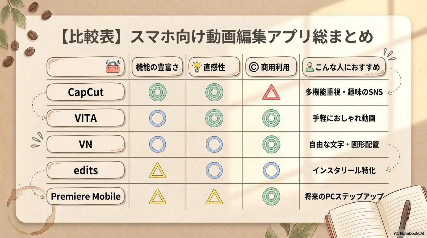 スマホ向け動画編集アプリ比較表