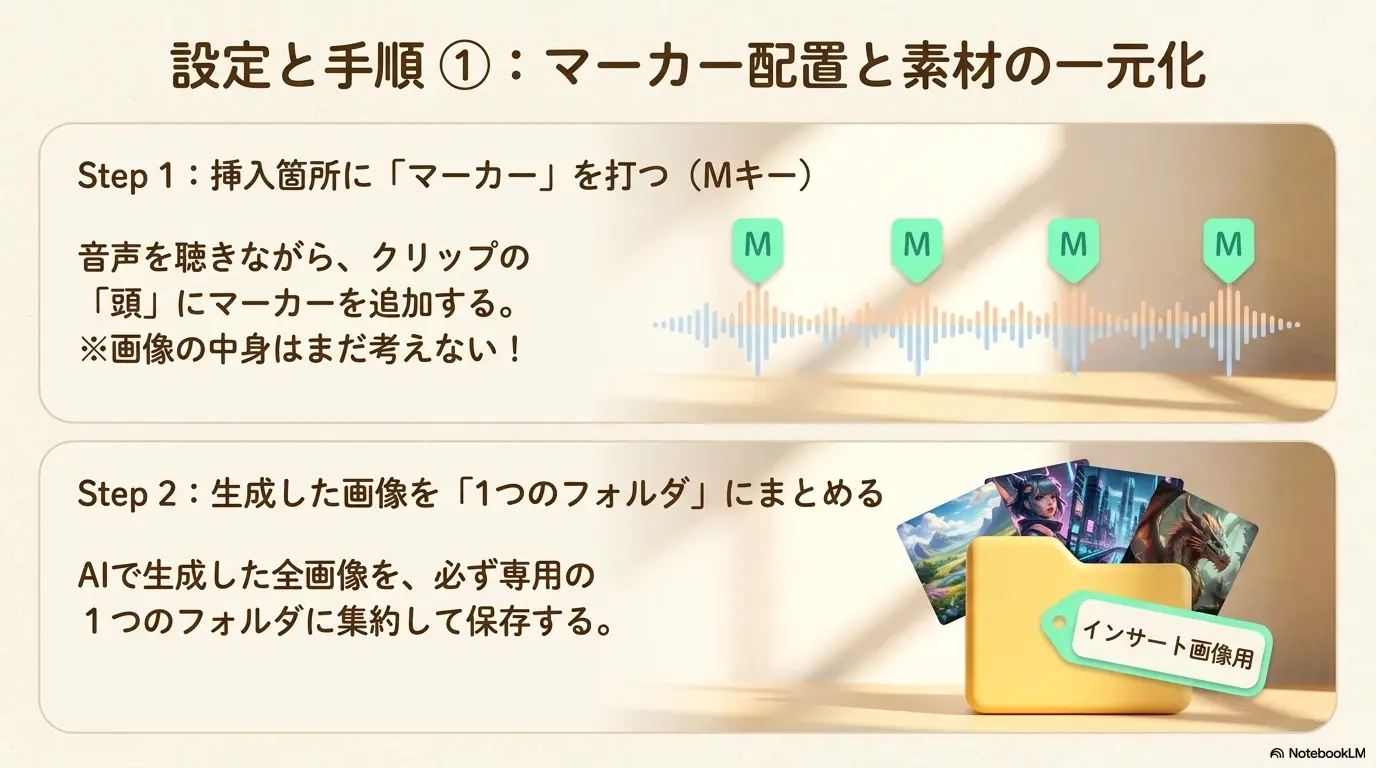 マーカー配置と素材の一元化