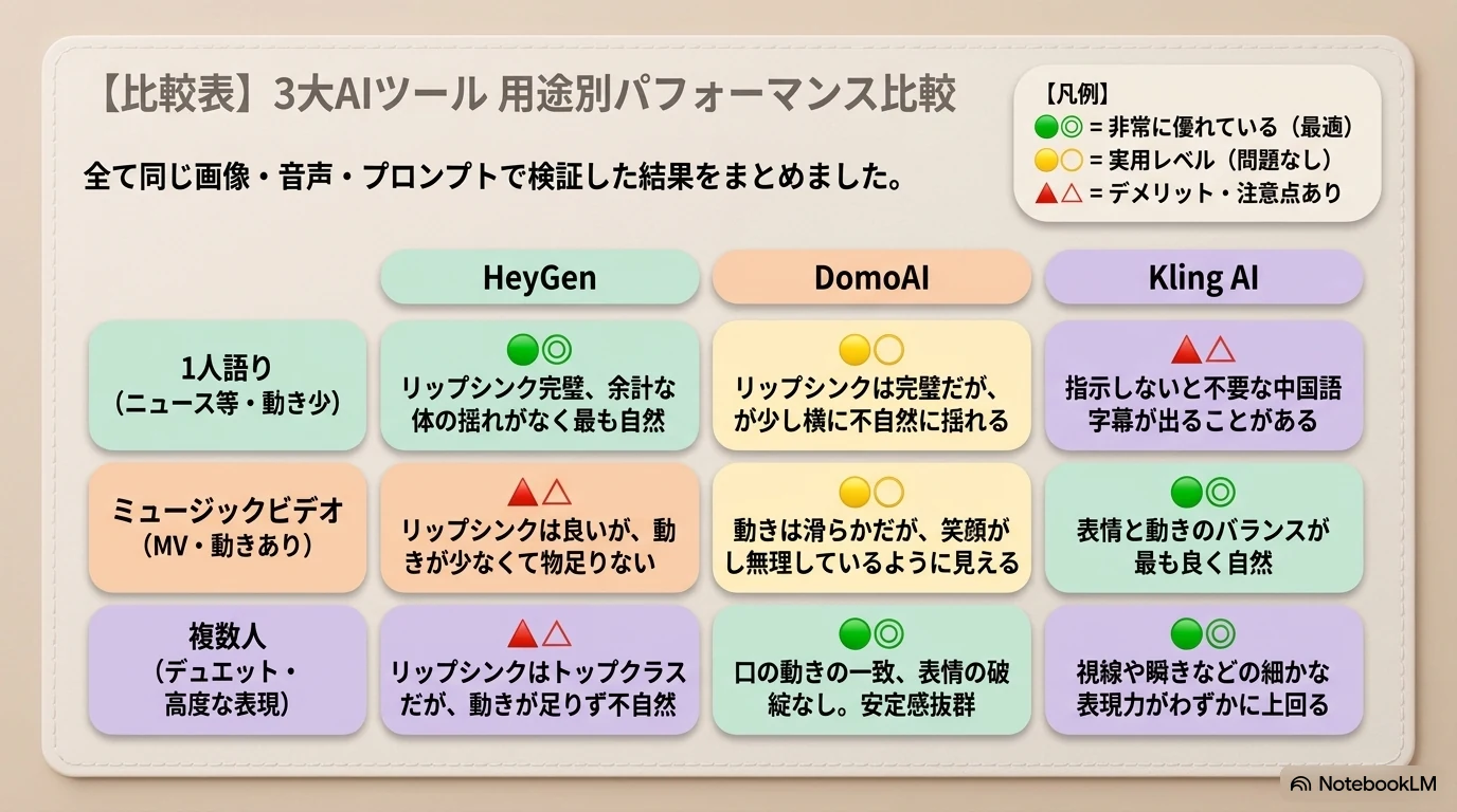 3大AIツール用途別パフォーマンス比較