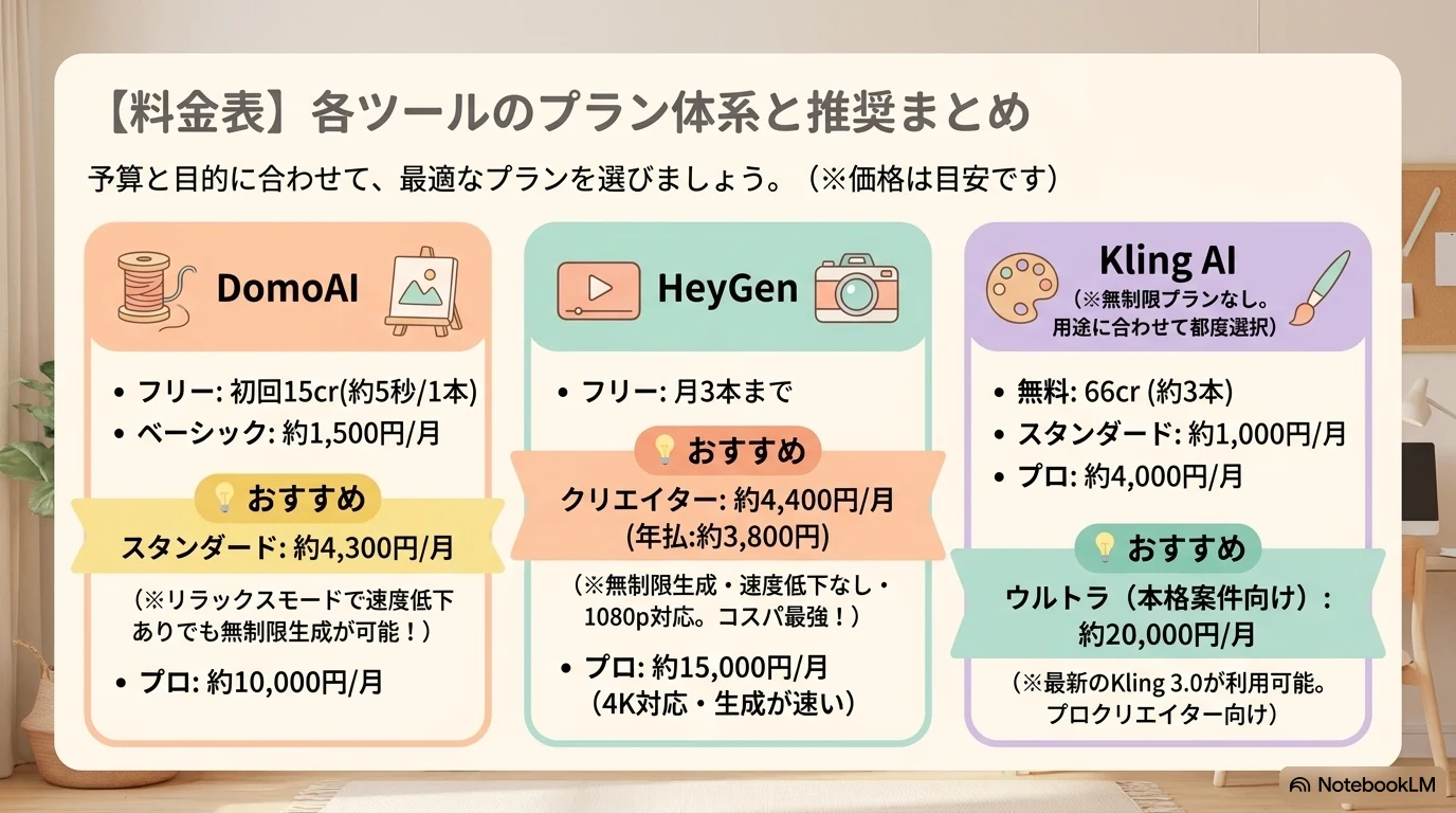DomoAI・HeyGen・Kling AIの料金比較