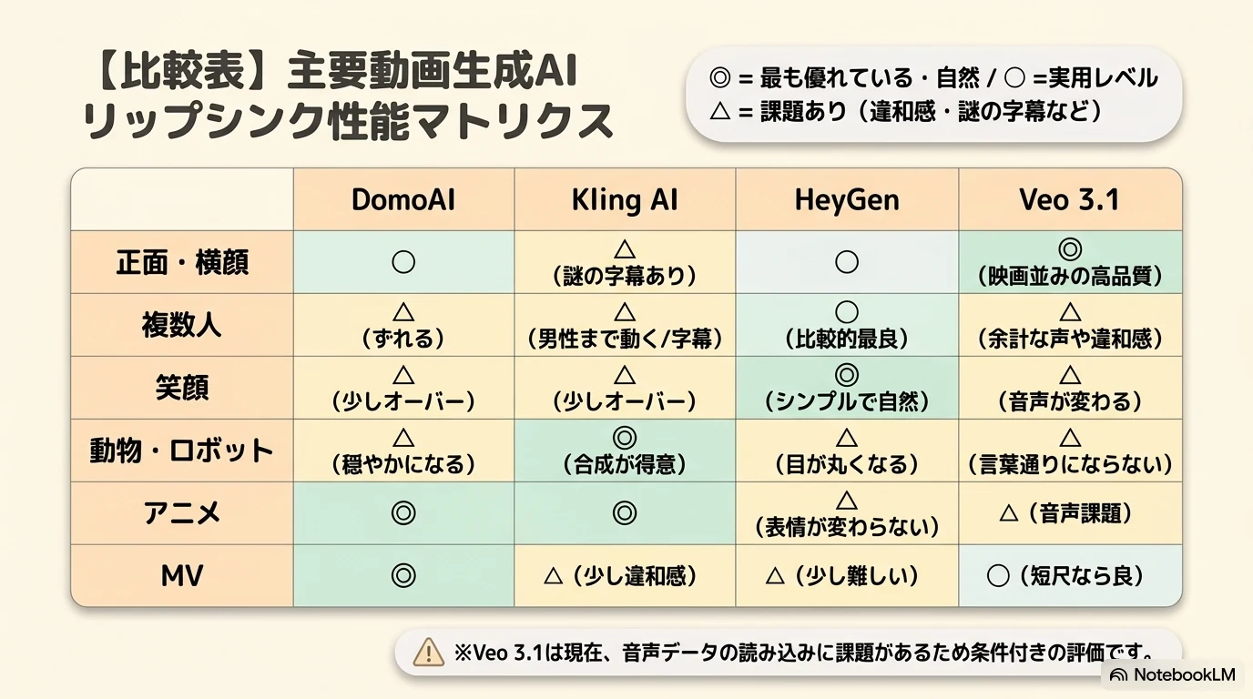 主要動画生成AIリップシンク性能比較表